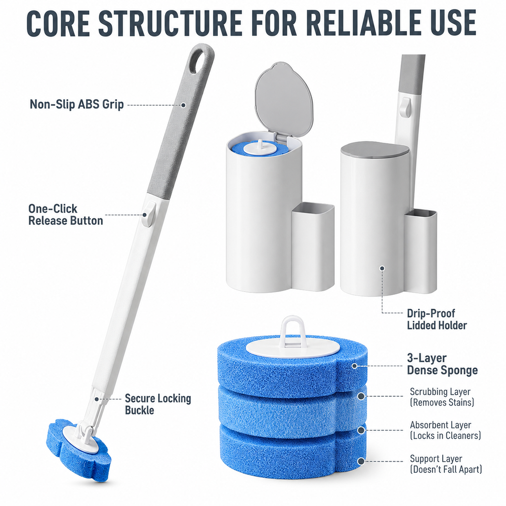 Disposable toilet brush set (2 brush handles + 48 sponge replacement heads + storage base)