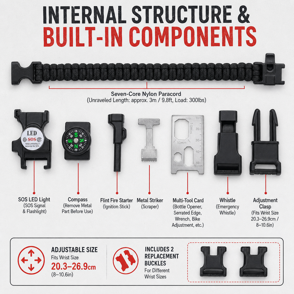Multifunctional survival bracelet (includes fire starter, whistle, compass, LED light, and tool card), 2PCS