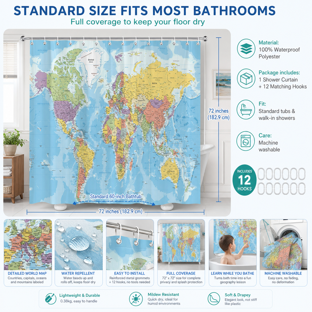 World map shower curtain, 72x72 inches