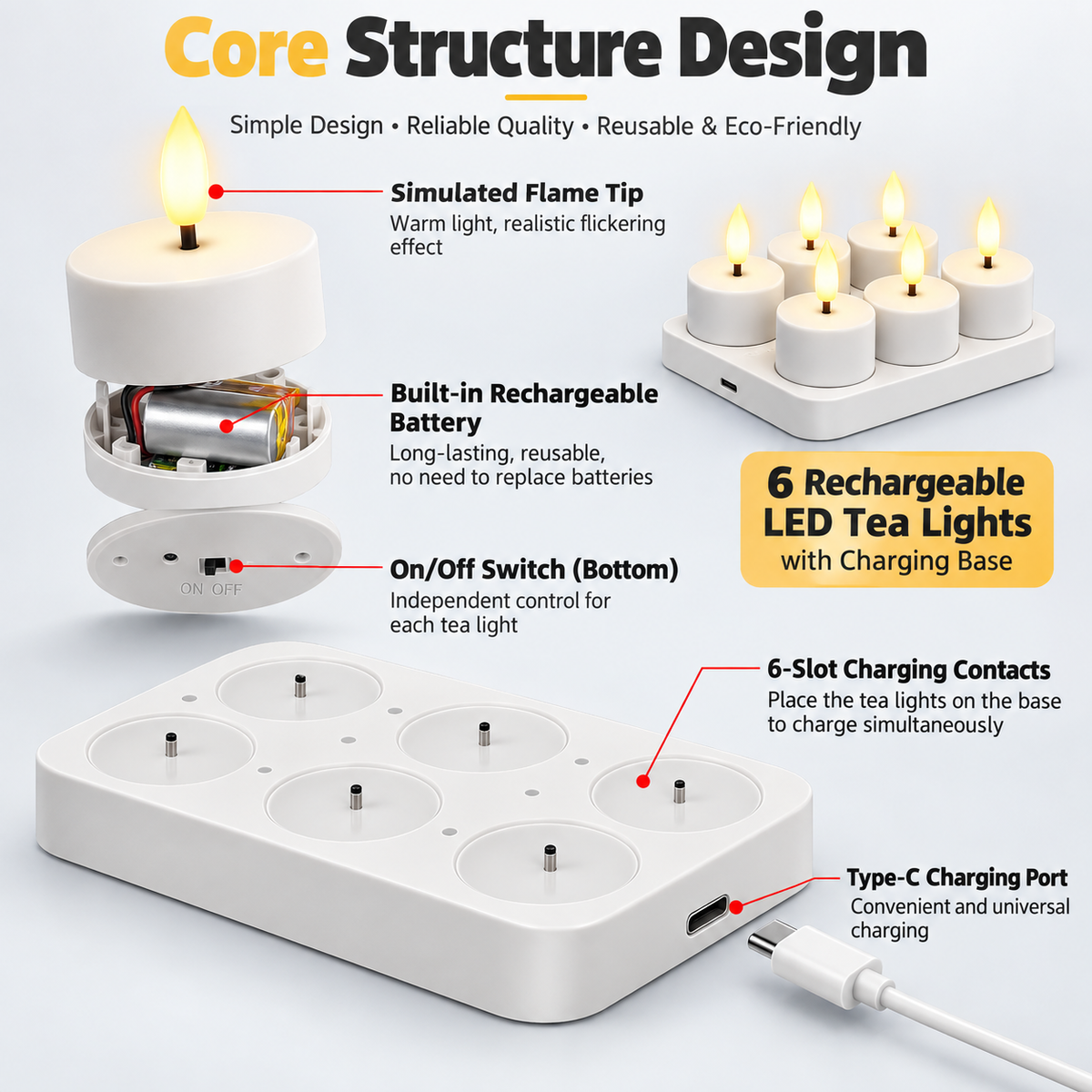 6-pack of rechargeable flameless tea wax