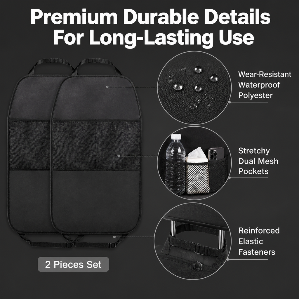 Car rear seat anti-dirty pad, with double mesh bag storage bag 2 pieces in black
