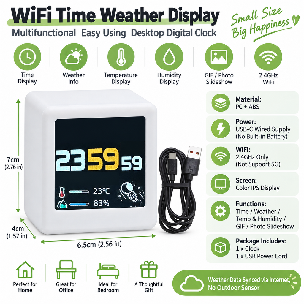 WiFi Time Weather Display Multifunctional Easy Using Desktop Digital Clock