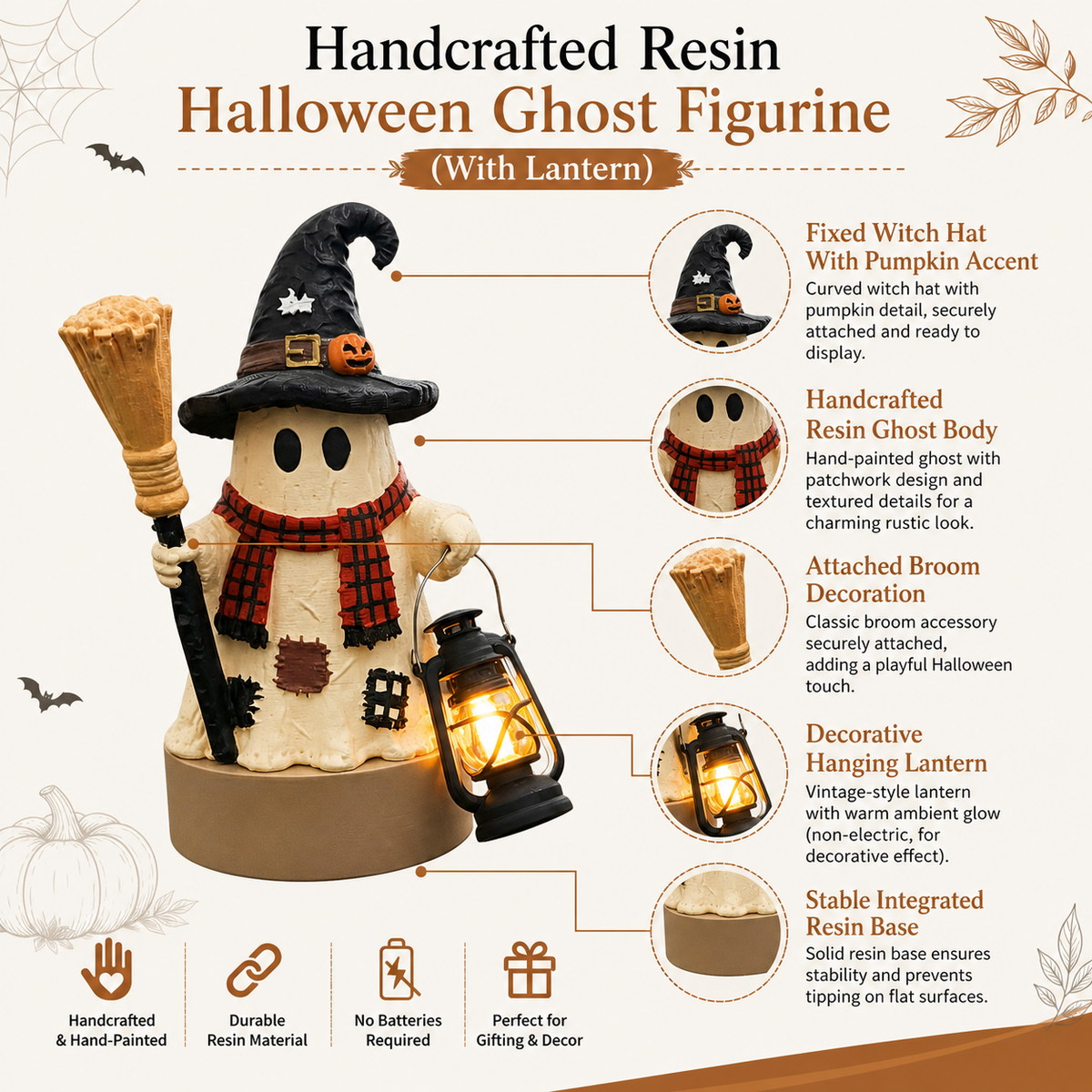 Handmade resin Halloween ghost figurine - with lantern decoration