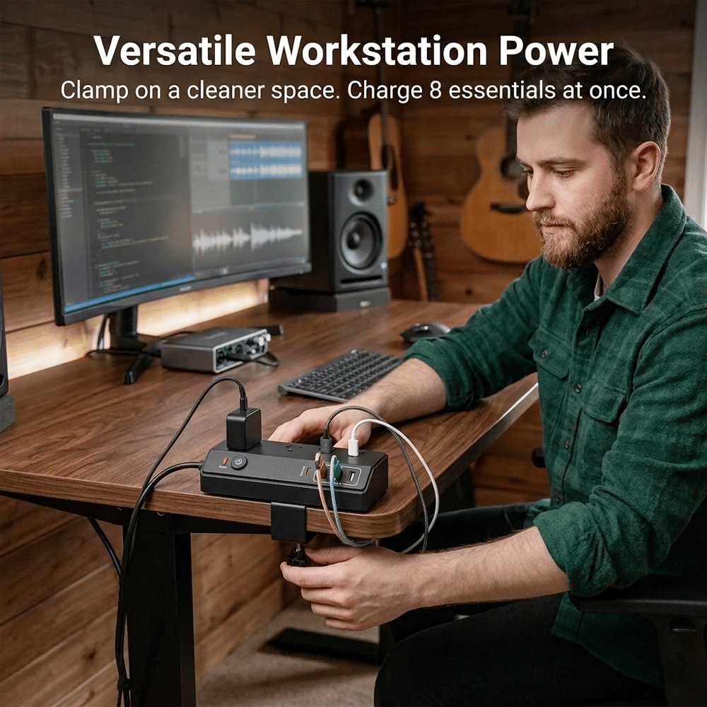Space-Saving Clamp-on Power Strip 🔌 8/12-Port Desktop Edge Charging Station – Secure Grip Mounting with Surge Protection 💻