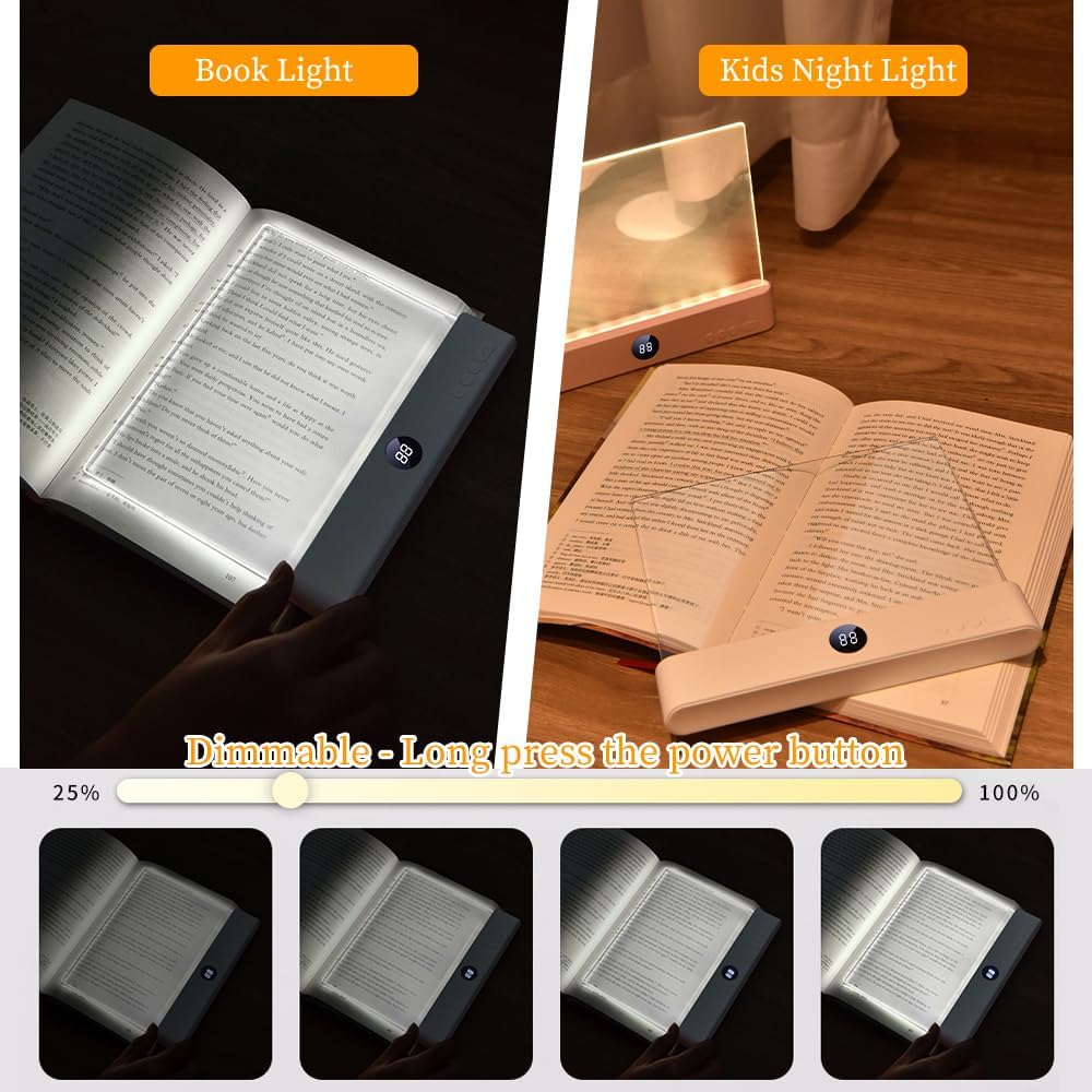 Book Light, Rechargeable Clear LED Flat Book Lights for Reading in Bed at Night with 3 Colors & Timer