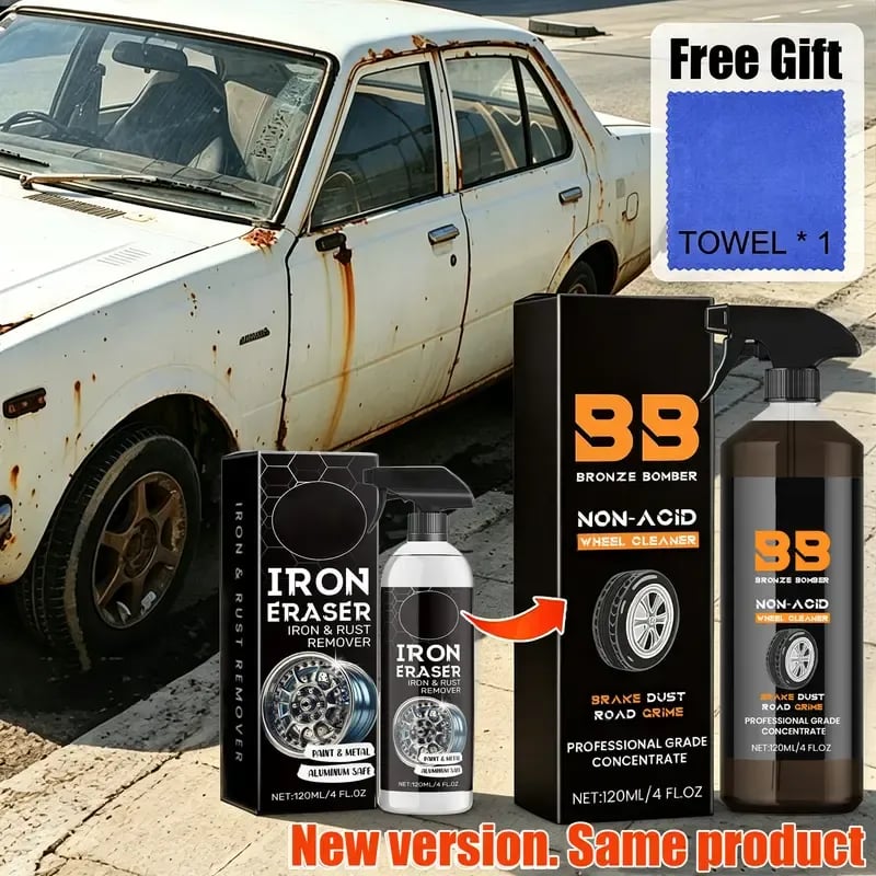 Bronze Bomber Non-Acid Wheel Cleaner 120ML, Iron & Rust Remover Spray for Wheels, Rims, and All Metal Surfaces, Safe for Cars, Motorcycles & Trucks, with Free Cleaning Towel