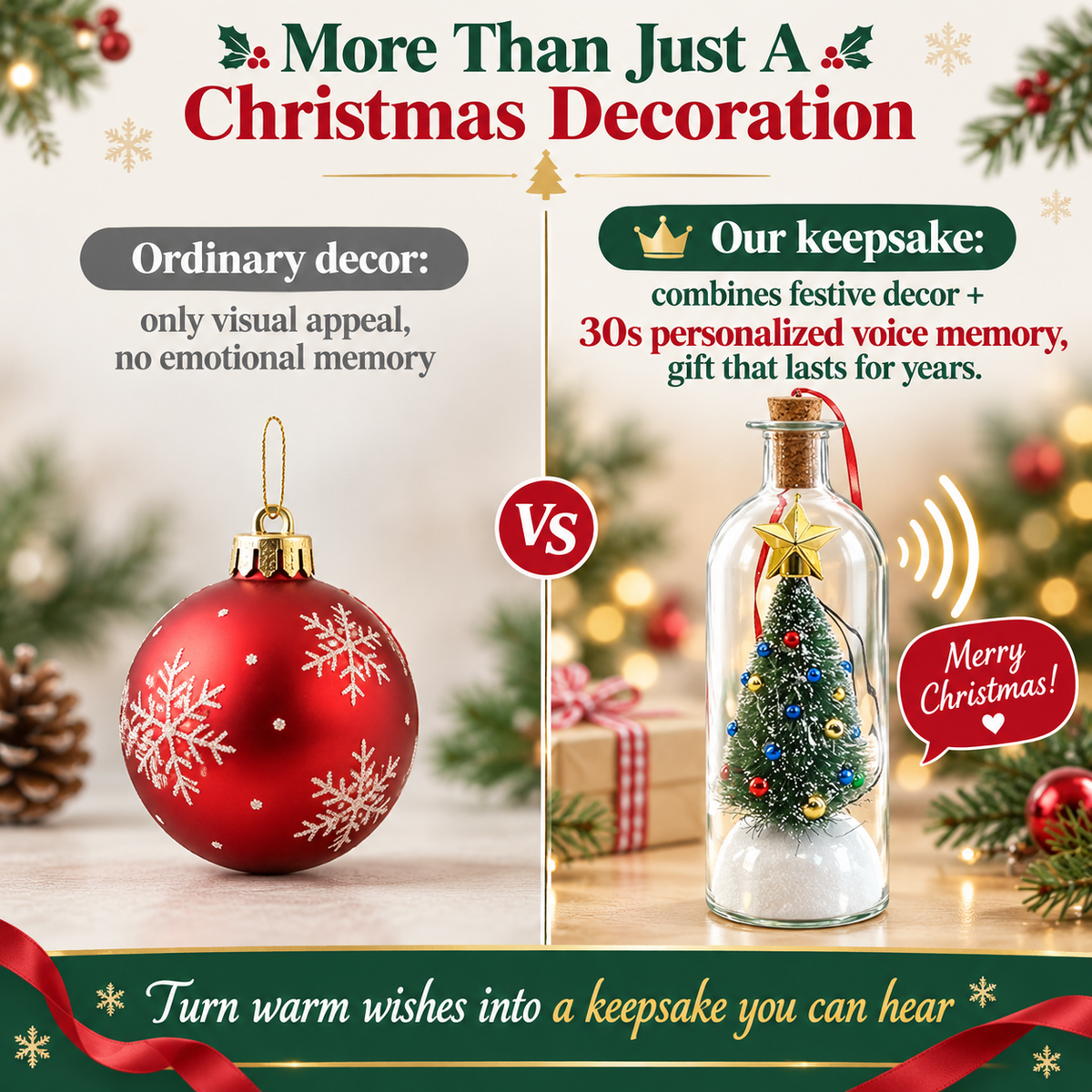 Christmas Tree-Shaped "Message in a Bottle" Voice-Recording Keepsake Ornament
