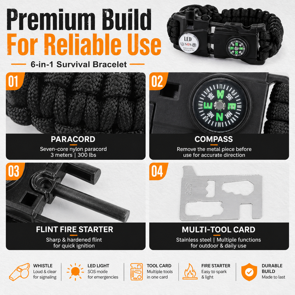 Multifunctional survival bracelet (includes fire starter, whistle, compass, LED light, and tool card), 2PCS
