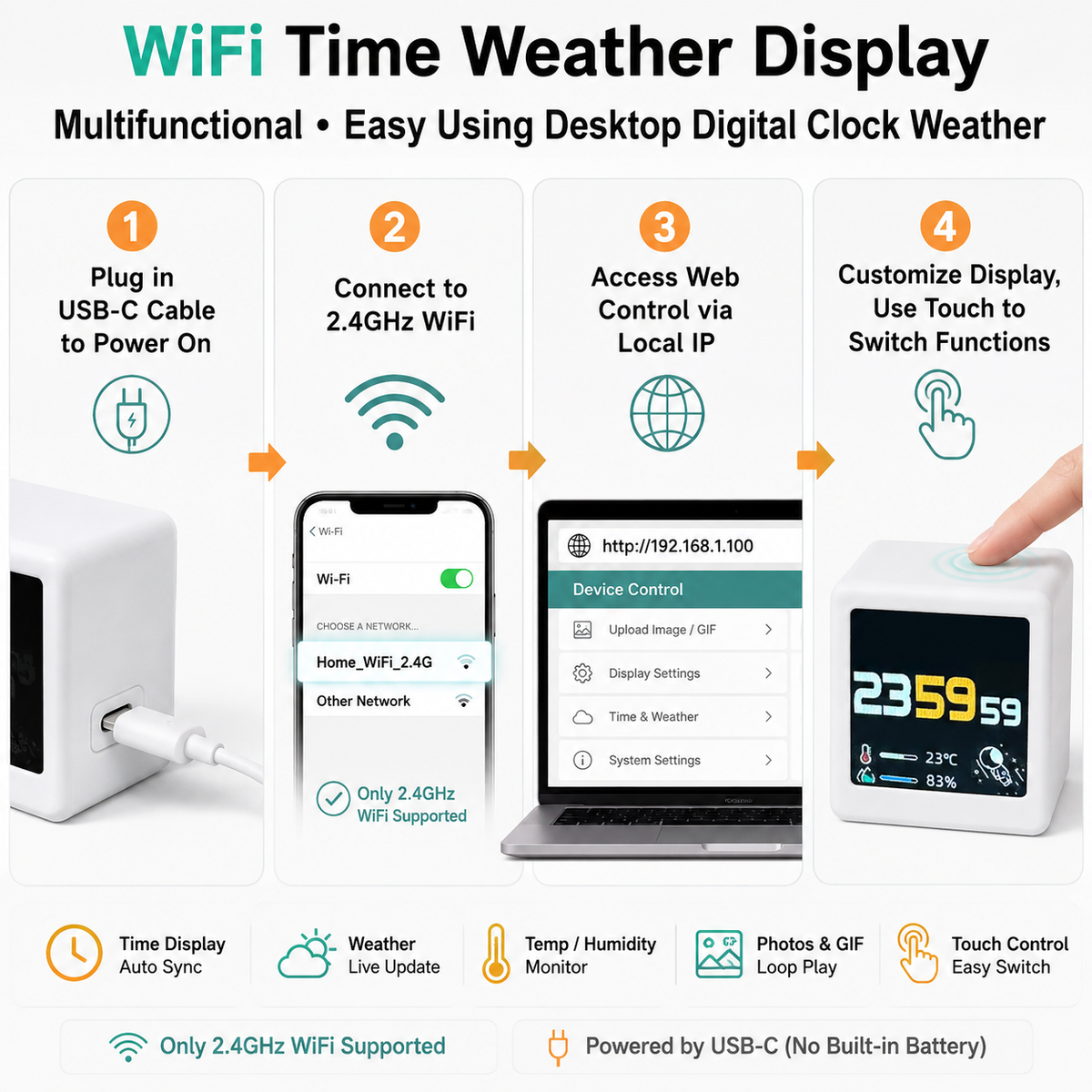 WiFi Time Weather Display Multifunctional Easy Using Desktop Digital Clock