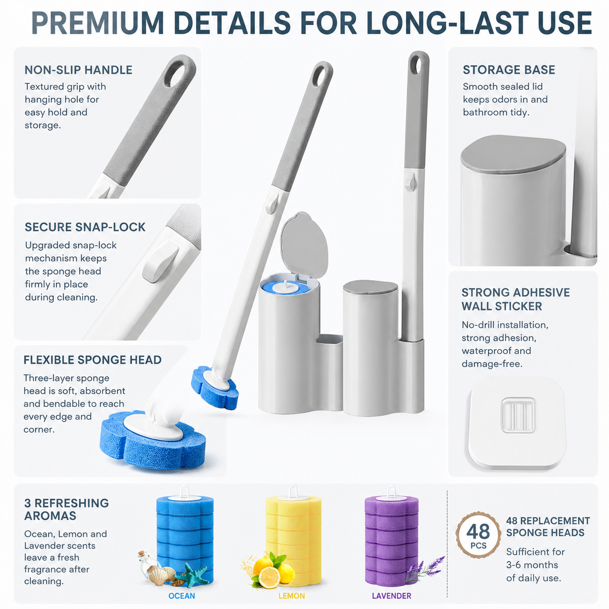 Disposable toilet brush set (2 brush handles + 48 sponge replacement heads + storage base)