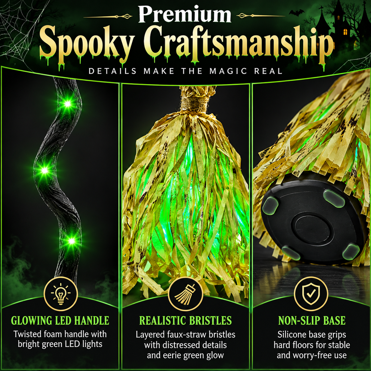 Animated Halloween Broom with Sound and LED Light