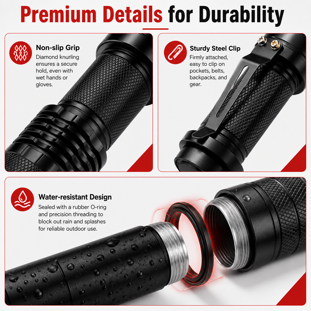 Red LED flashlight with pocket clip, 4-pack.