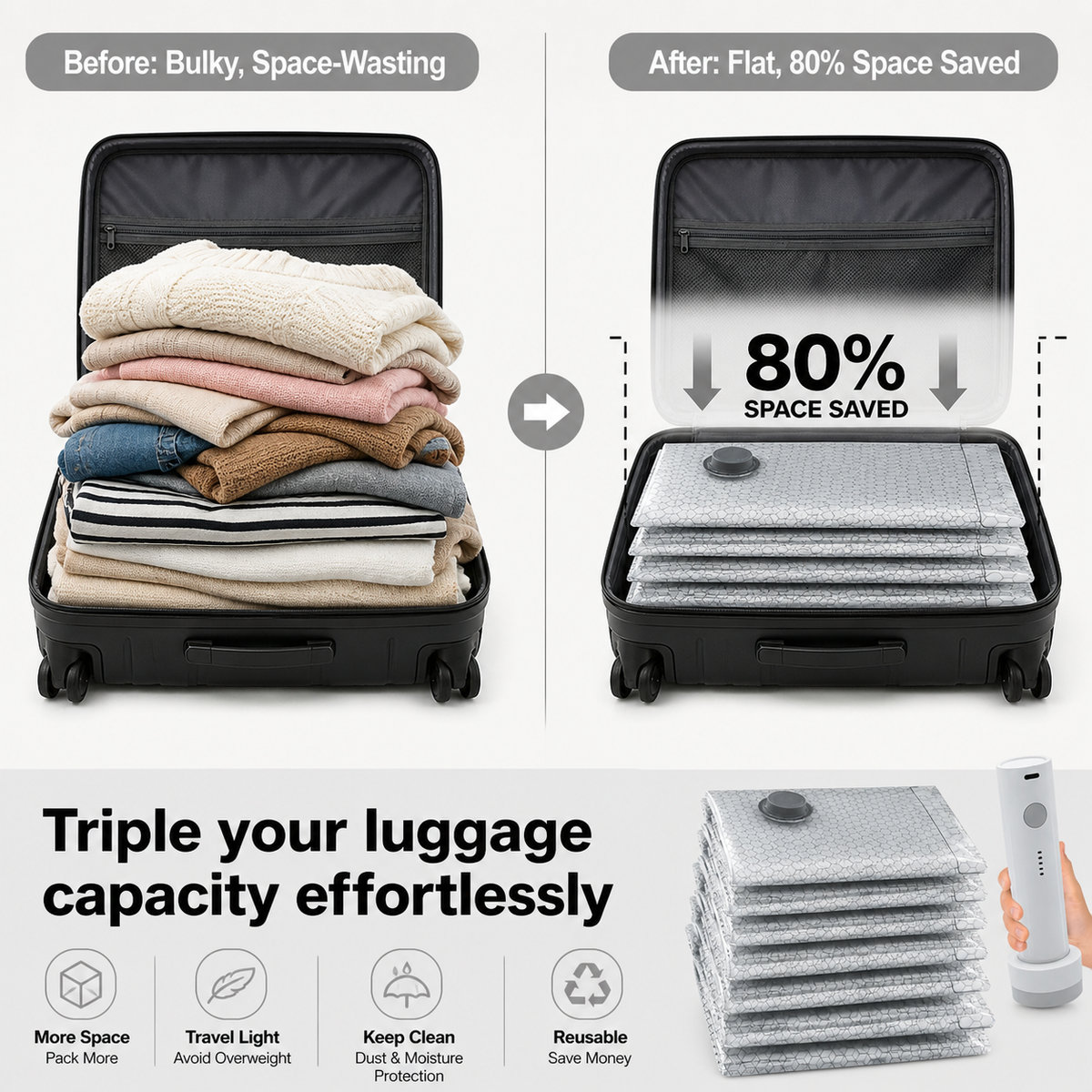 Travel compression storage bag with charge pump set gray 6PCS