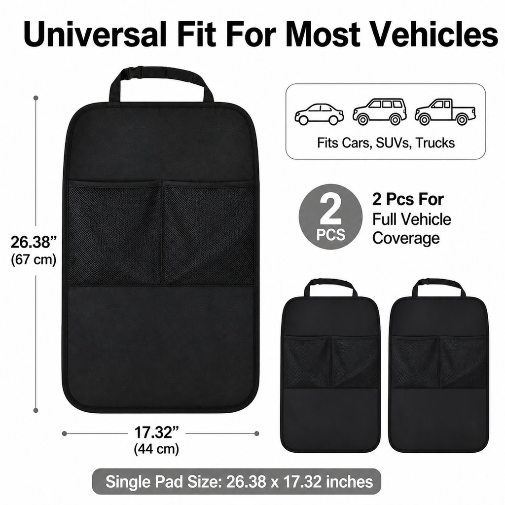 Car rear seat anti-dirty pad, with double mesh bag storage bag 2 pieces in black