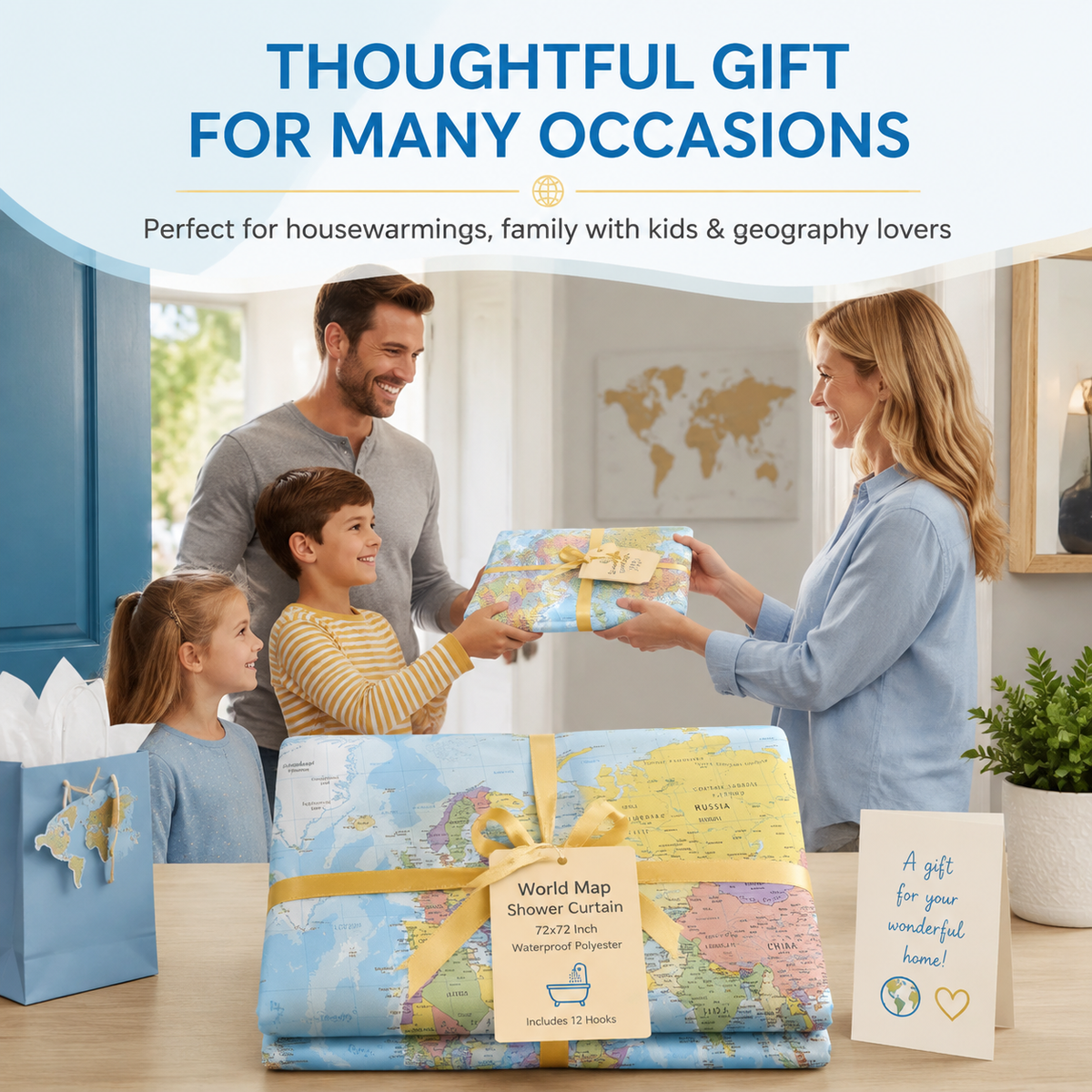 World map shower curtain, 72x72 inches