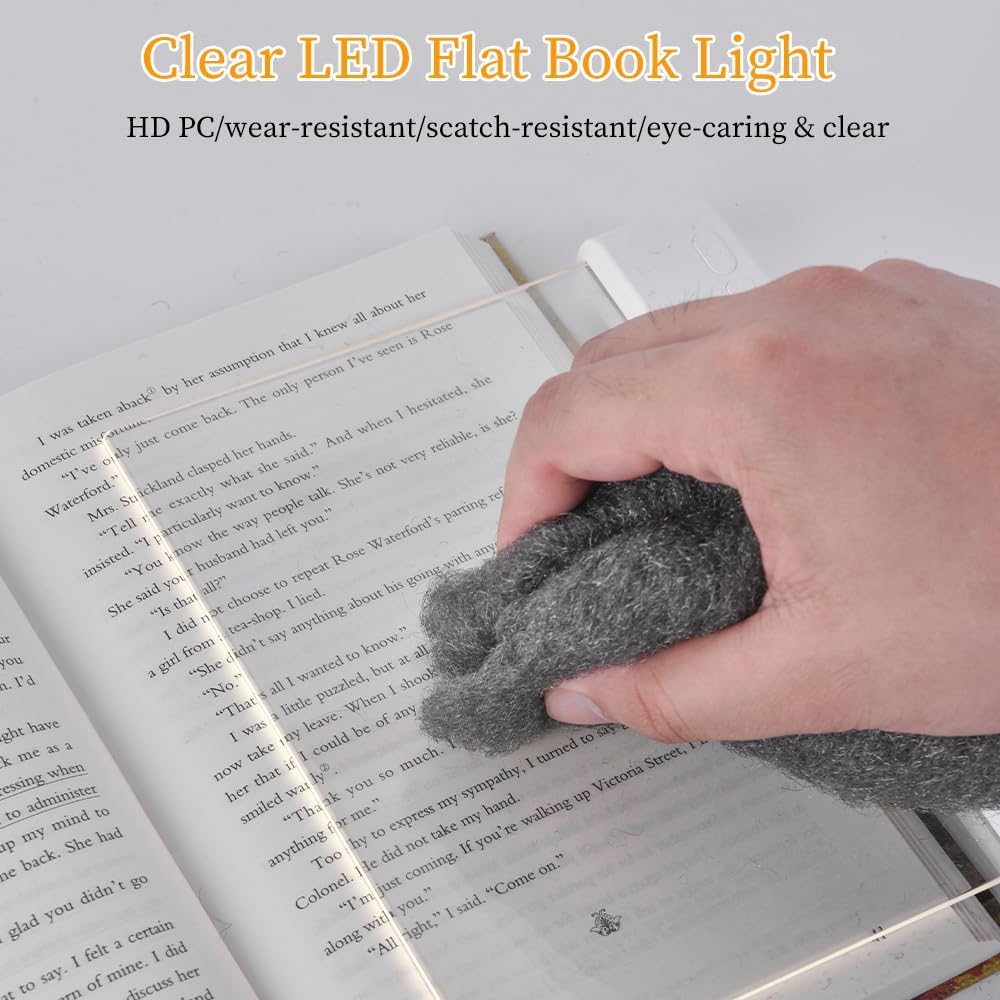 Book Light, Rechargeable Clear LED Flat Book Lights for Reading in Bed at Night with 3 Colors & Timer