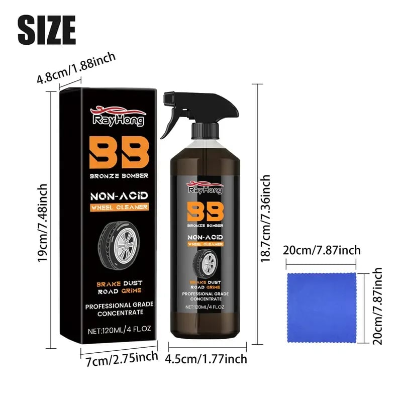 Bronze Bomber Non-Acid Wheel Cleaner 120ML, Iron & Rust Remover Spray for Wheels, Rims, and All Metal Surfaces, Safe for Cars, Motorcycles & Trucks, with Free Cleaning Towel