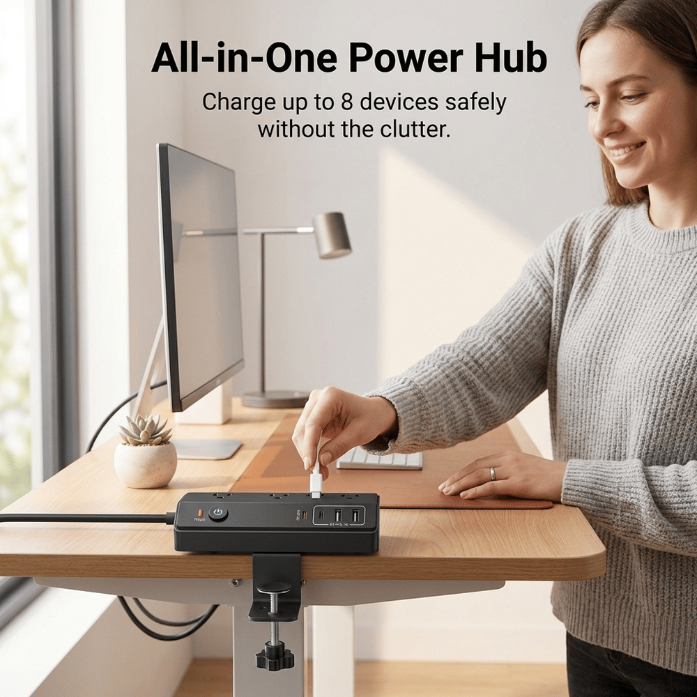 Space-Saving Clamp-on Power Strip 🔌 8/12-Port Desktop Edge Charging Station – Secure Grip Mounting with Surge Protection 💻
