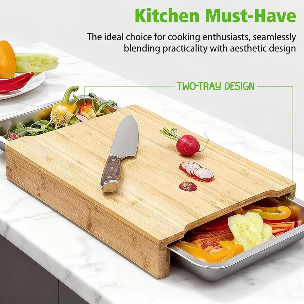 🌿 Organic Bamboo Cutting Board with Sliding Drawers