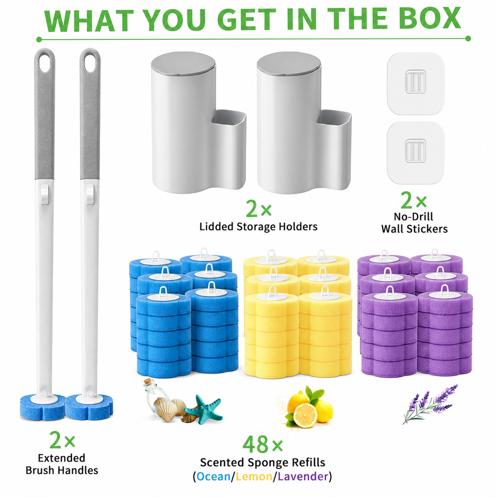 Disposable toilet brush set (2 brush handles + 48 sponge replacement heads + storage base)