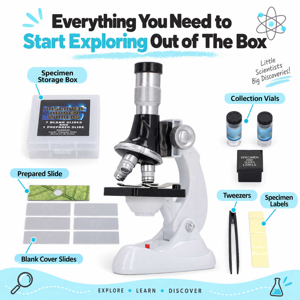 Children's Microscope Set (100x/600x/1200x magnification, equipped with 3 objective lenses)