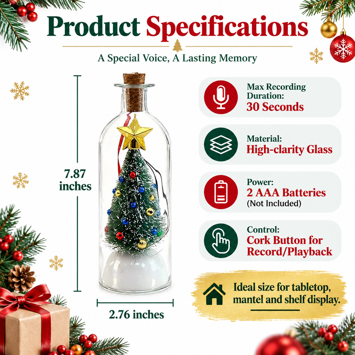 Christmas Tree-Shaped "Message in a Bottle" Voice-Recording Keepsake Ornament