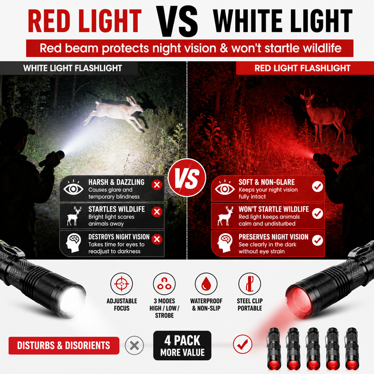 Red LED flashlight with pocket clip, 4-pack.