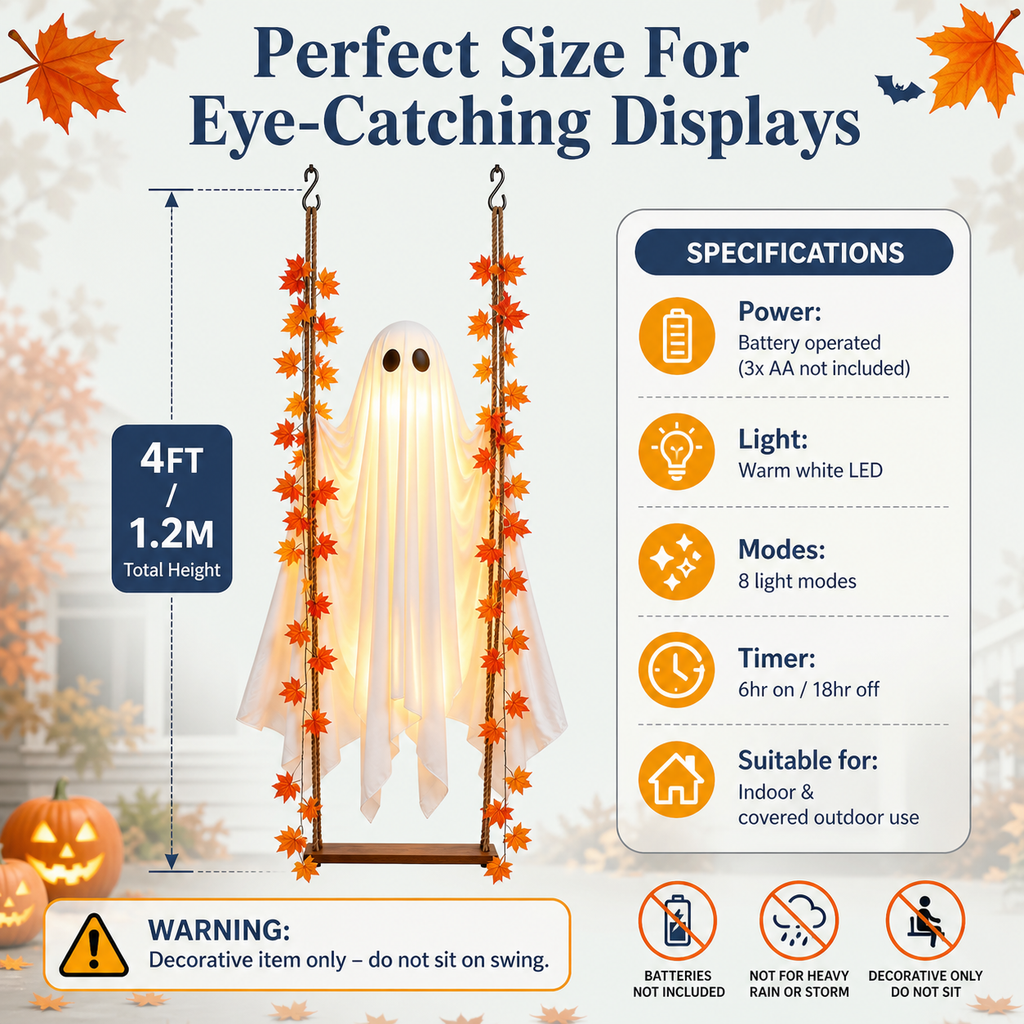 1.2M Hanging Swinging Ghost Halloween Decor
