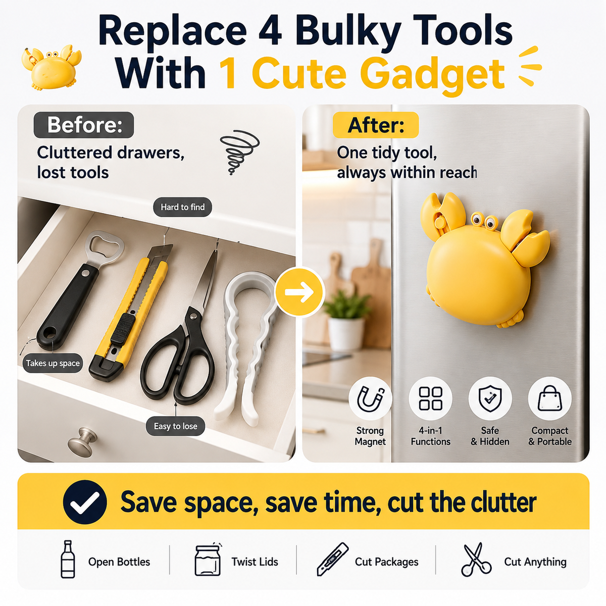 Compact 4-in-1 Kitchen Gadget with Bottle and Jar Opener