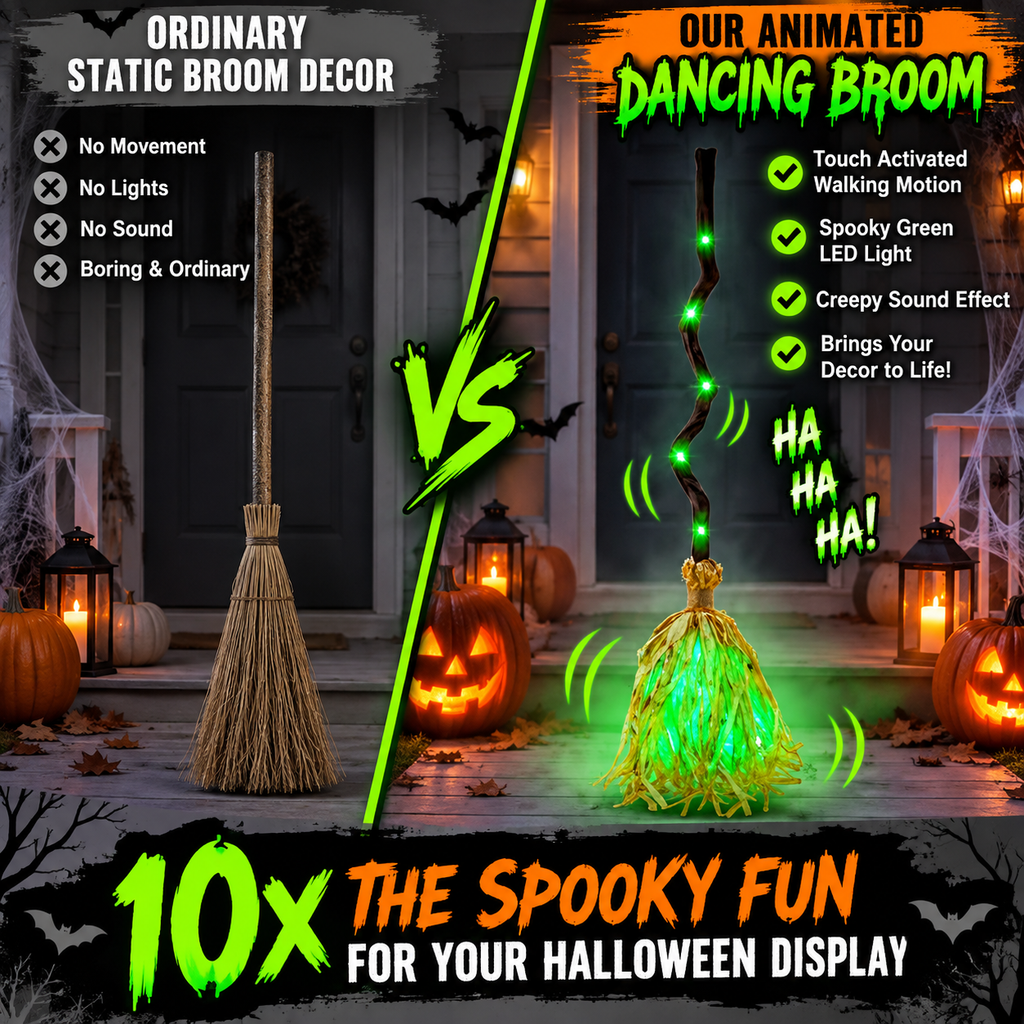 Animated Halloween Broom with Sound and LED Light