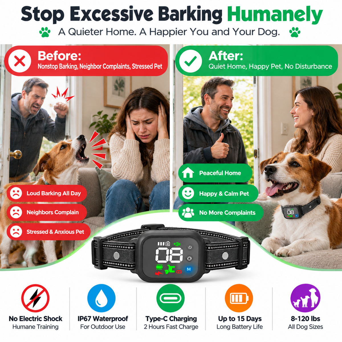 Anti-bark collar: Rechargeable, suitable for dogs weighing 8–120 lbs
