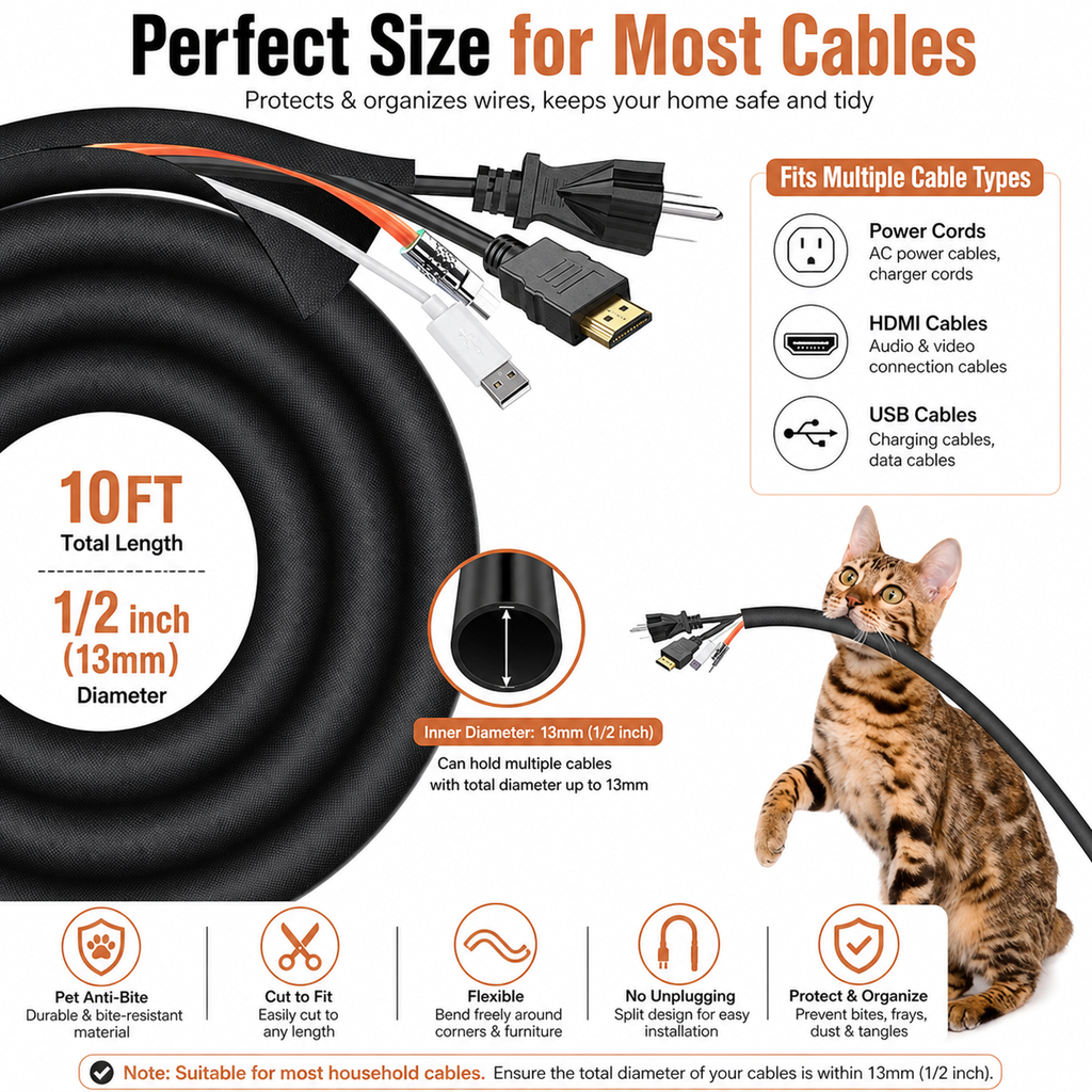 Pet-Proof Cable Protector — 10 Feet (Approx. 3 Meters)