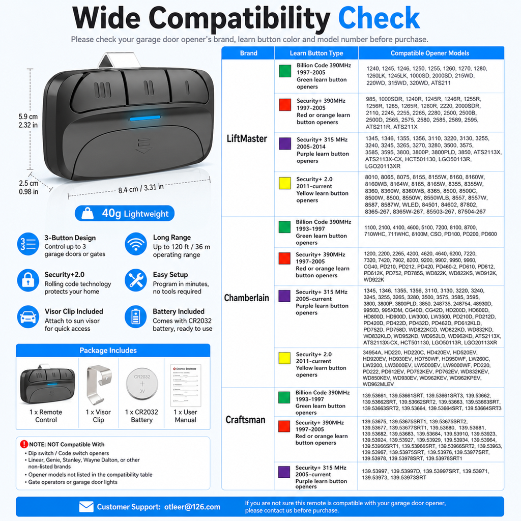 Multifunctional Garage Door Remote — Compatible with LiftMaster, Chamberlain, and Craftsman Garage Door Openers