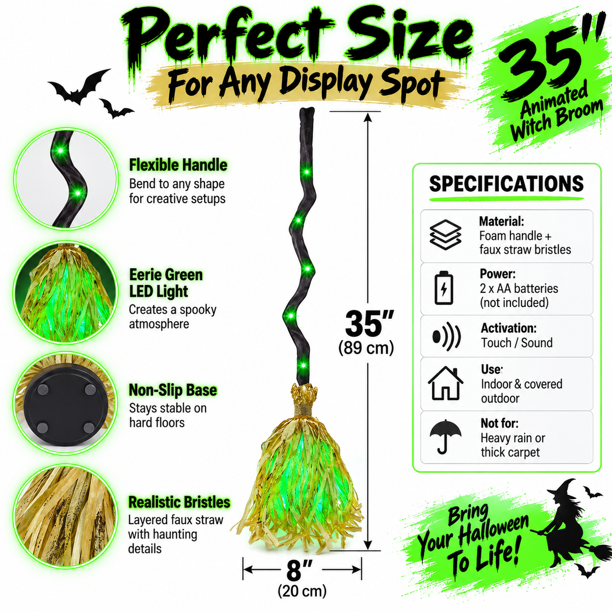 Animated Halloween Broom with Sound and LED Light