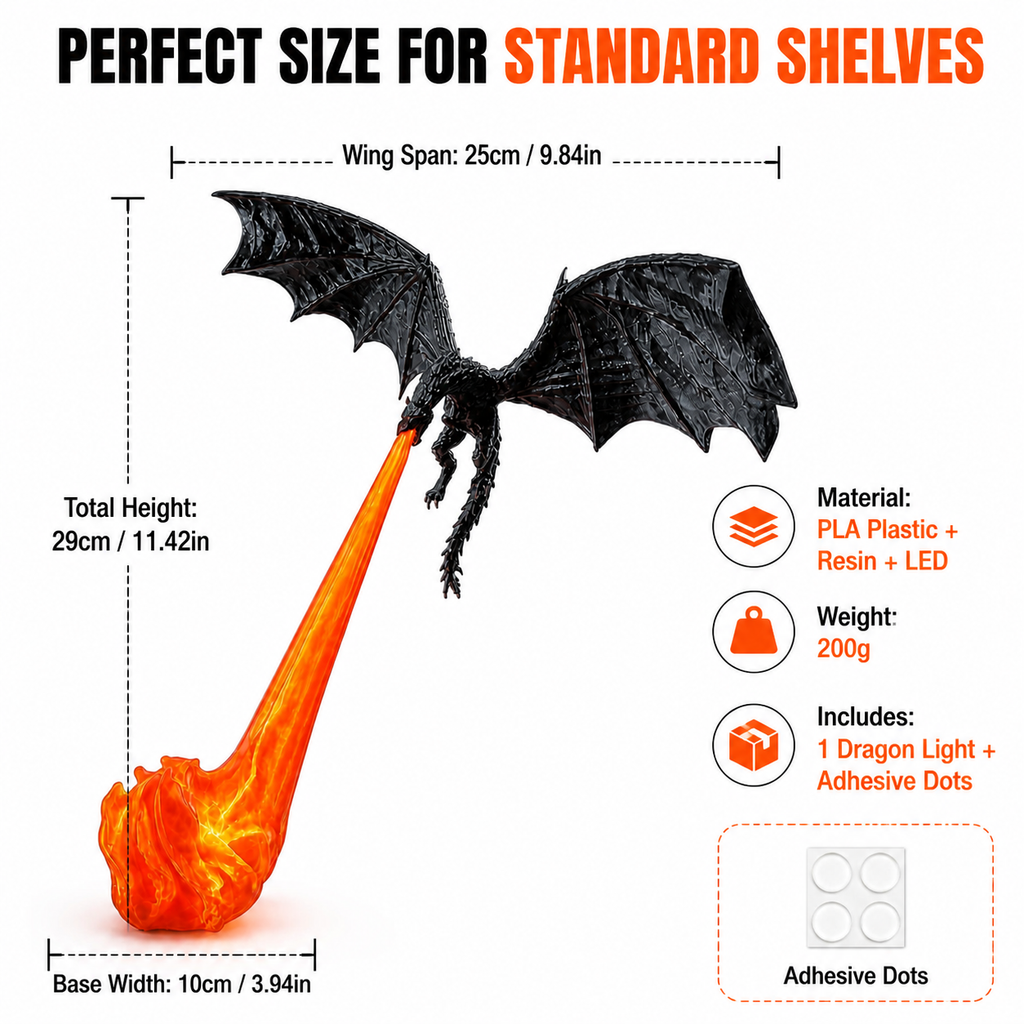 3D Printed Dragon Figurine Shelf Light with Blue Flame