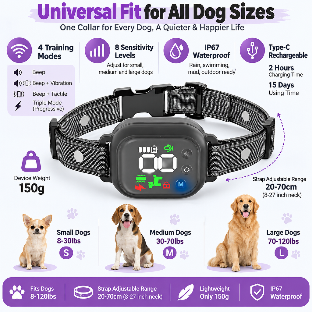 Anti-bark collar: Rechargeable, suitable for dogs weighing 8–120 lbs
