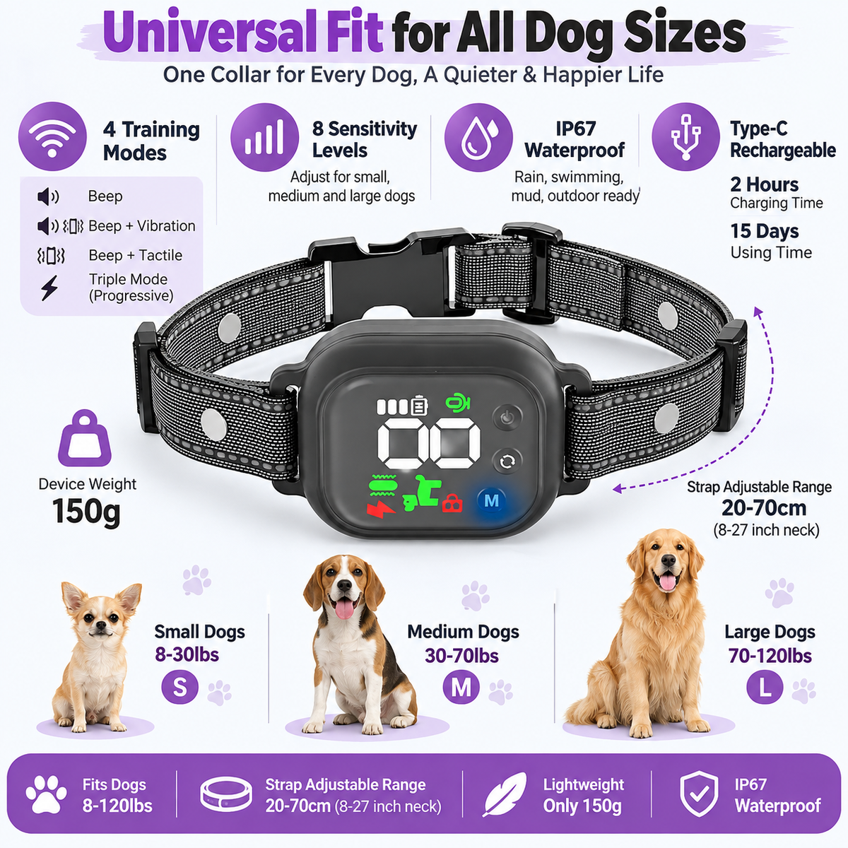 Anti-bark collar: Rechargeable, suitable for dogs weighing 8–120 lbs