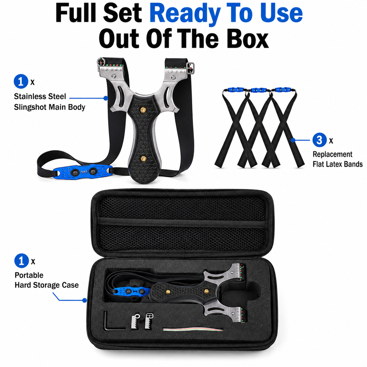 Stainless Steel Slingshot Set with Rubber Bands and Box