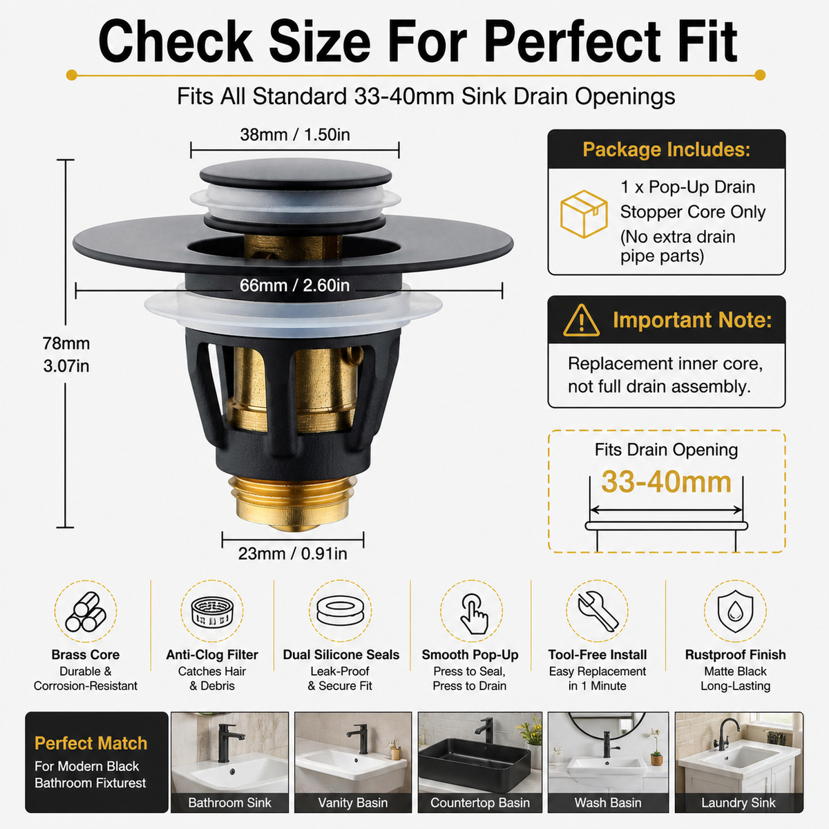 Stainless Steel Pop-up Sink Drain Plug (with Anti-Clog Strainer)