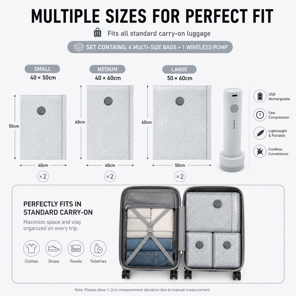 Travel compression storage bag with charge pump set gray 6PCS