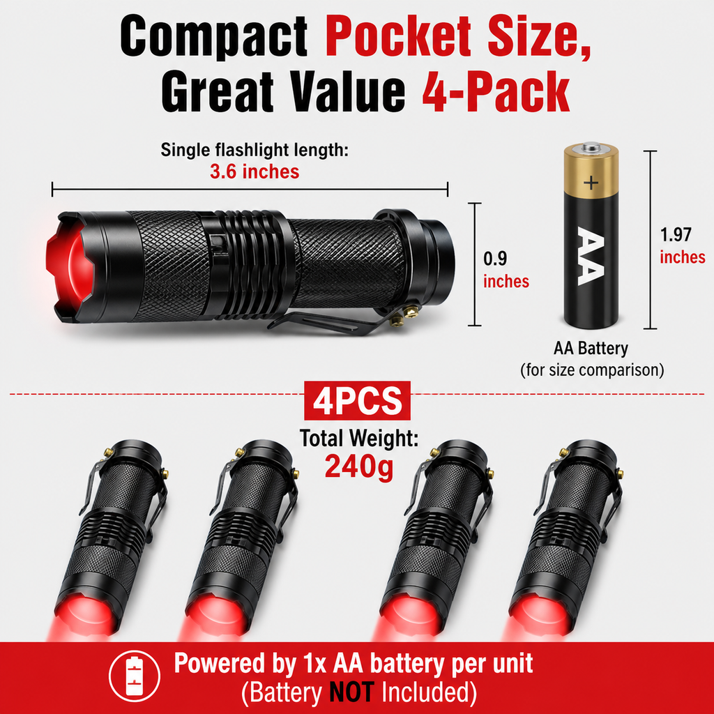 Red LED flashlight with pocket clip, 4-pack.