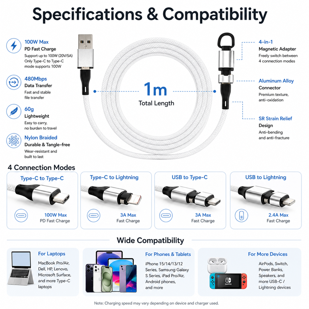 100W 4-in-1 Aluminum Alloy Magnetic Retractable Data Cable