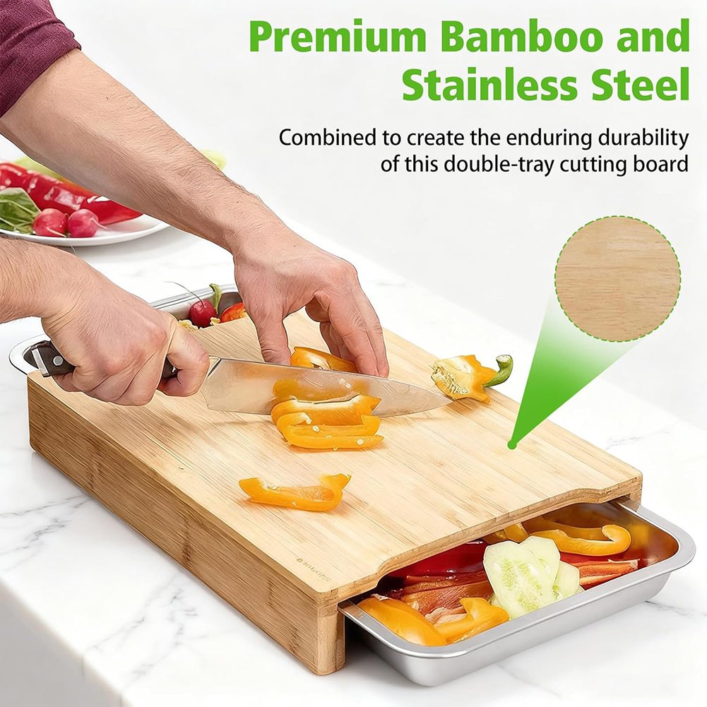 🌿 Organic Bamboo Cutting Board with Sliding Drawers