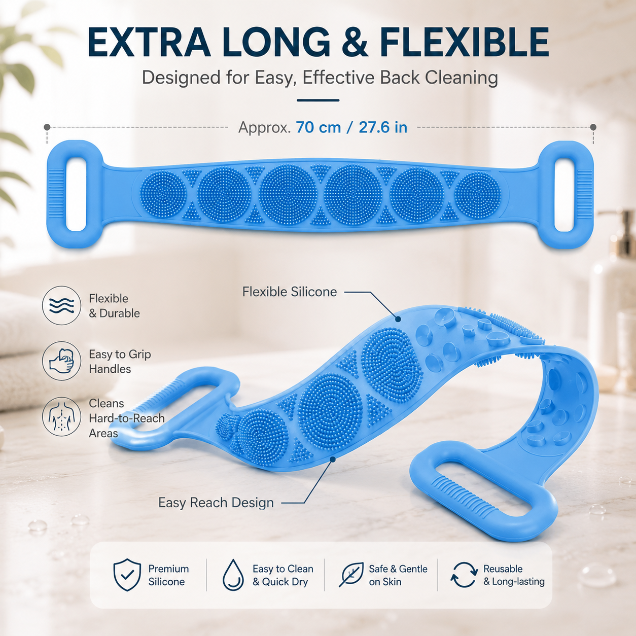 🛁 Double-Sided Silicone Back Scrubber – Long Exfoliating Bath Brush