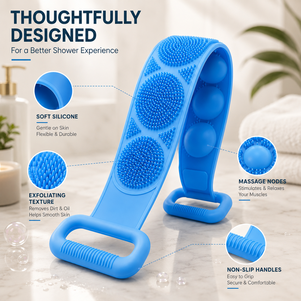 🛁 Double-Sided Silicone Back Scrubber – Long Exfoliating Bath Brush
