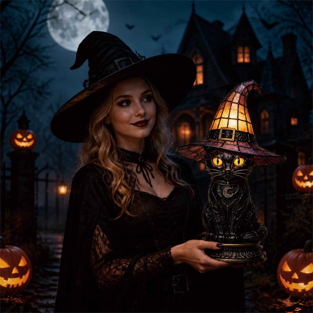 🔥Exclusive Limited Item 👍🔥50%OFF🐈 Gothic Stained Glass Witch Black Cat Table Lamp | Halloween Witch Hat Night Light Decor