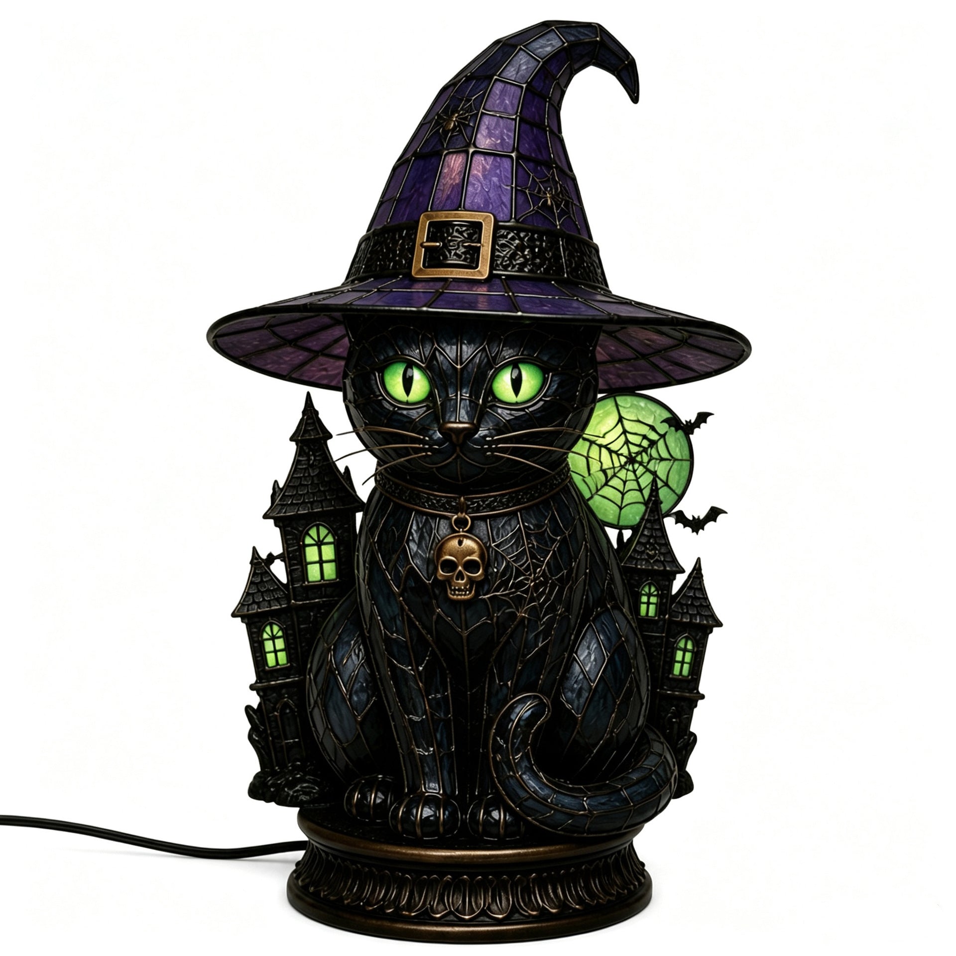 🔥Exclusive Limited Item 👍🔥50%OFF🐈 Gothic Stained Glass Witch Black Cat Table Lamp | Halloween Witch Hat Night Light Decor