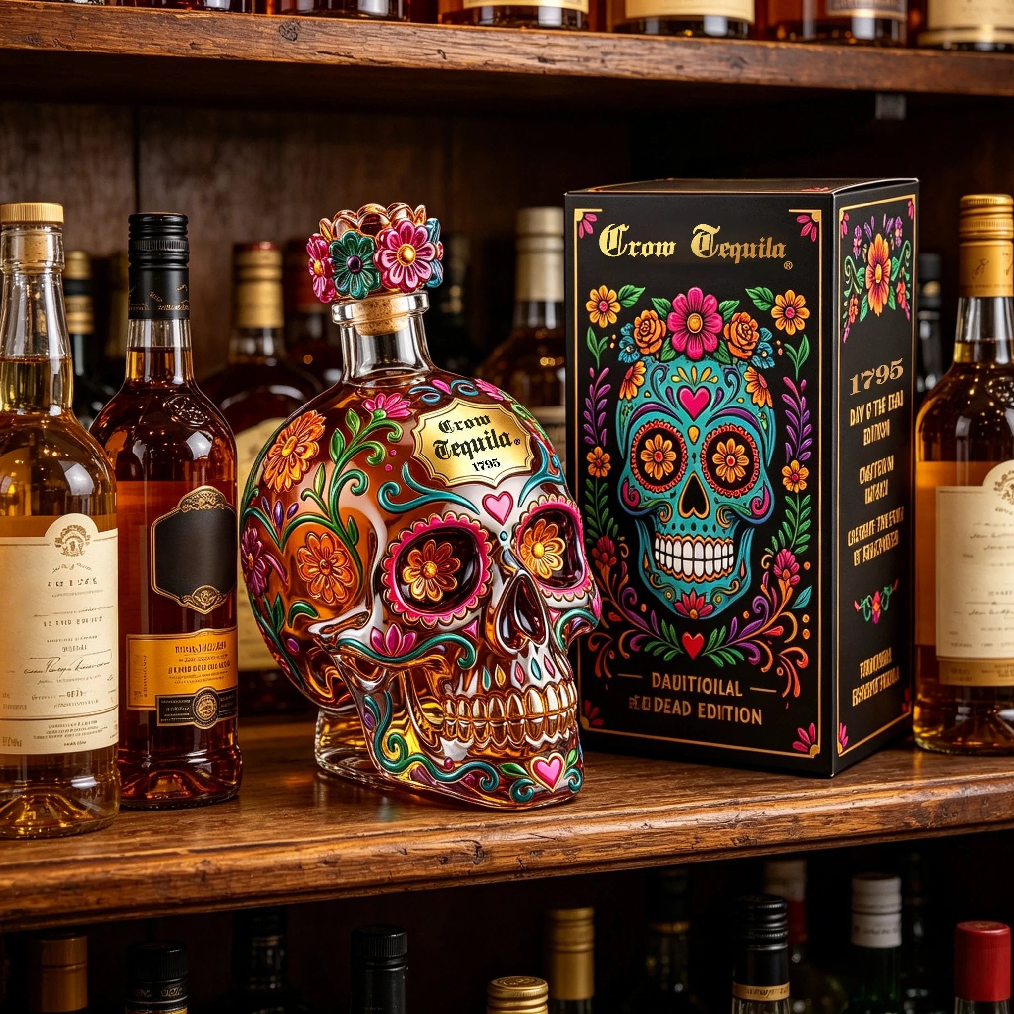 Day of the Dead Limited Edition Hand-Painted Sugar Skull Tequila Bottle with Gift Box