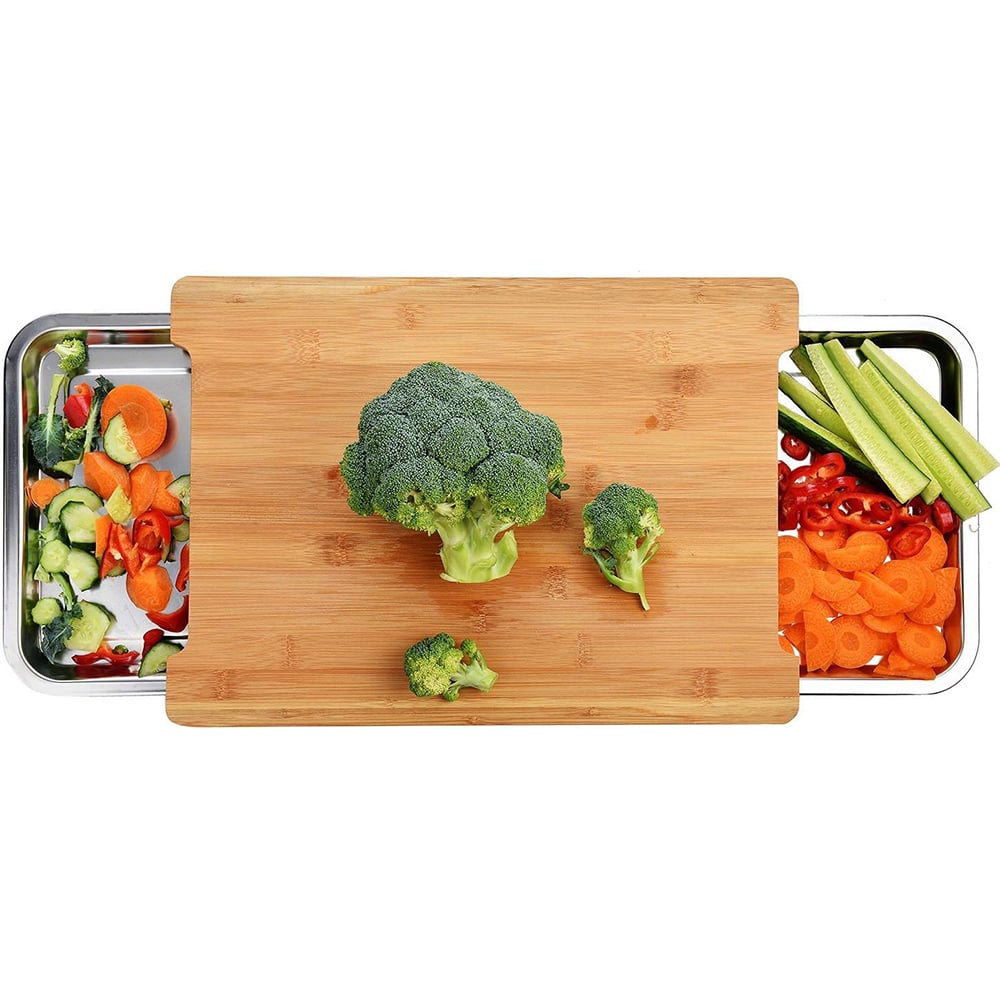 🌿 Organic Bamboo Cutting Board with Sliding Drawers