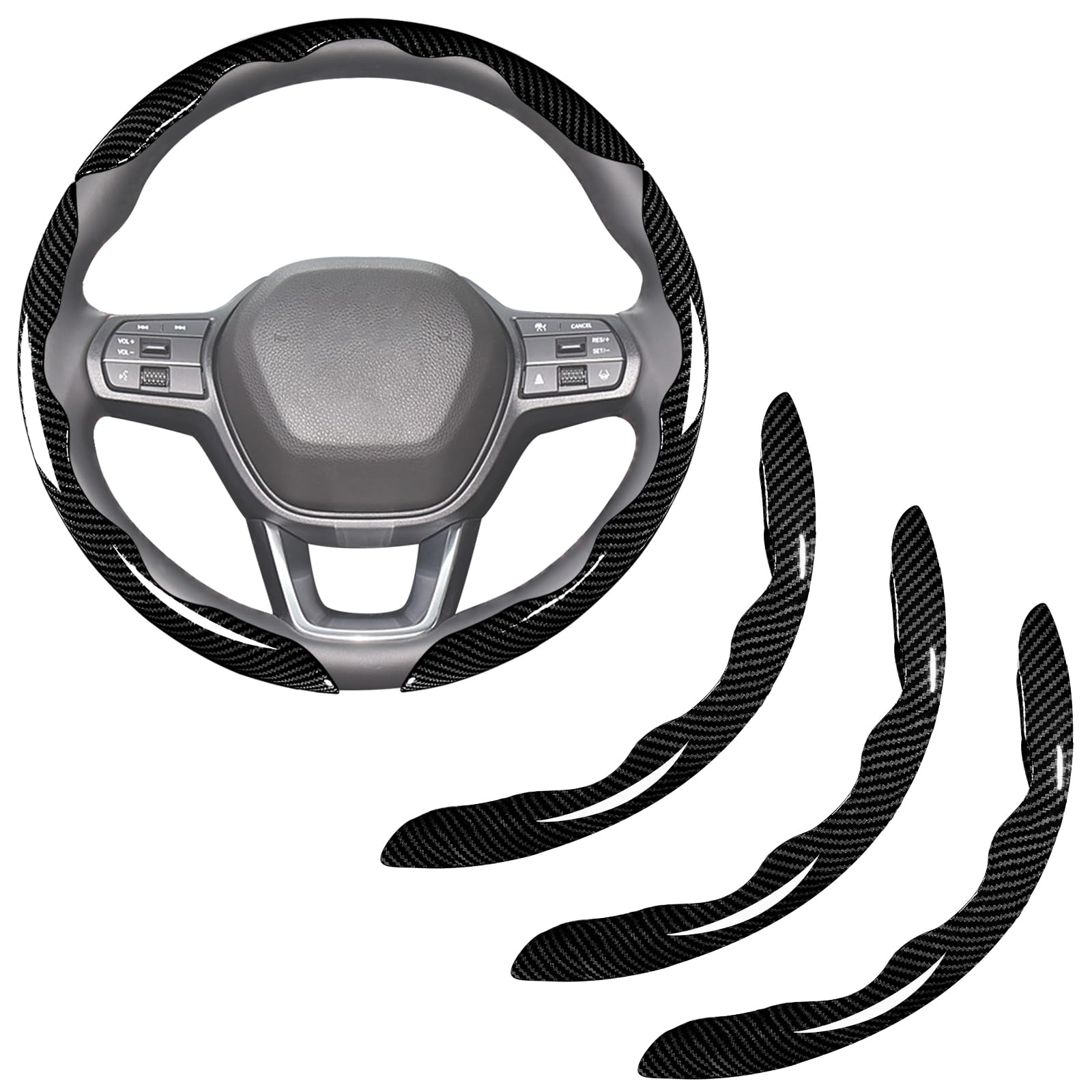 38cm Glossy Carbon Fiber Texture Steering Wheel Cover (3-PCS) — Segmented Non-Slip "Butterfly Wing" Style Car Steering Wheel Protector